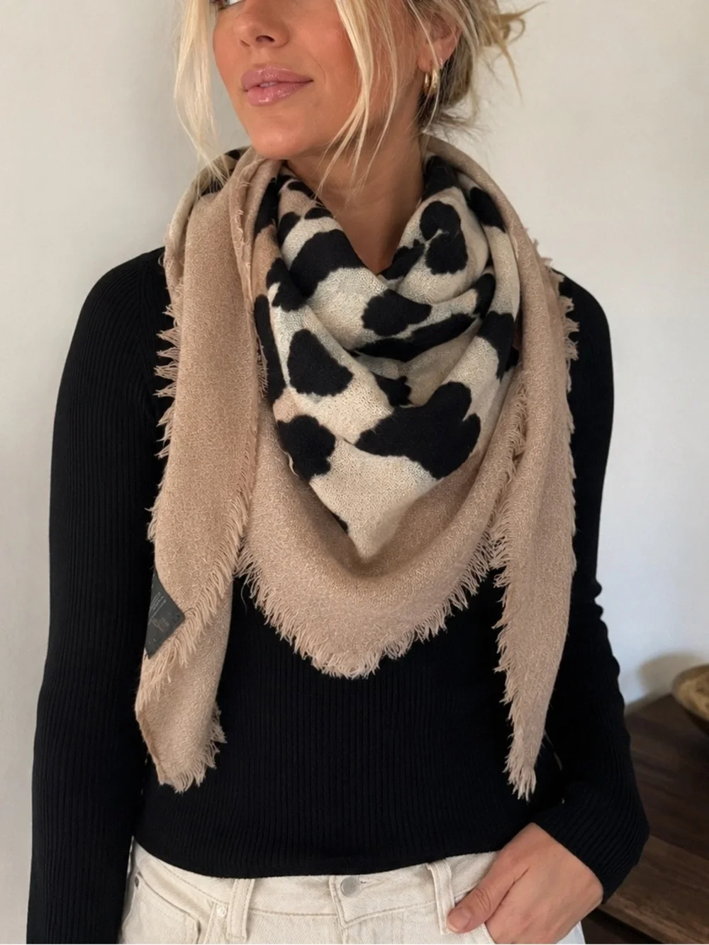 Soft Taupe Leopard Print Scarf | Oversized Fringe Wrap